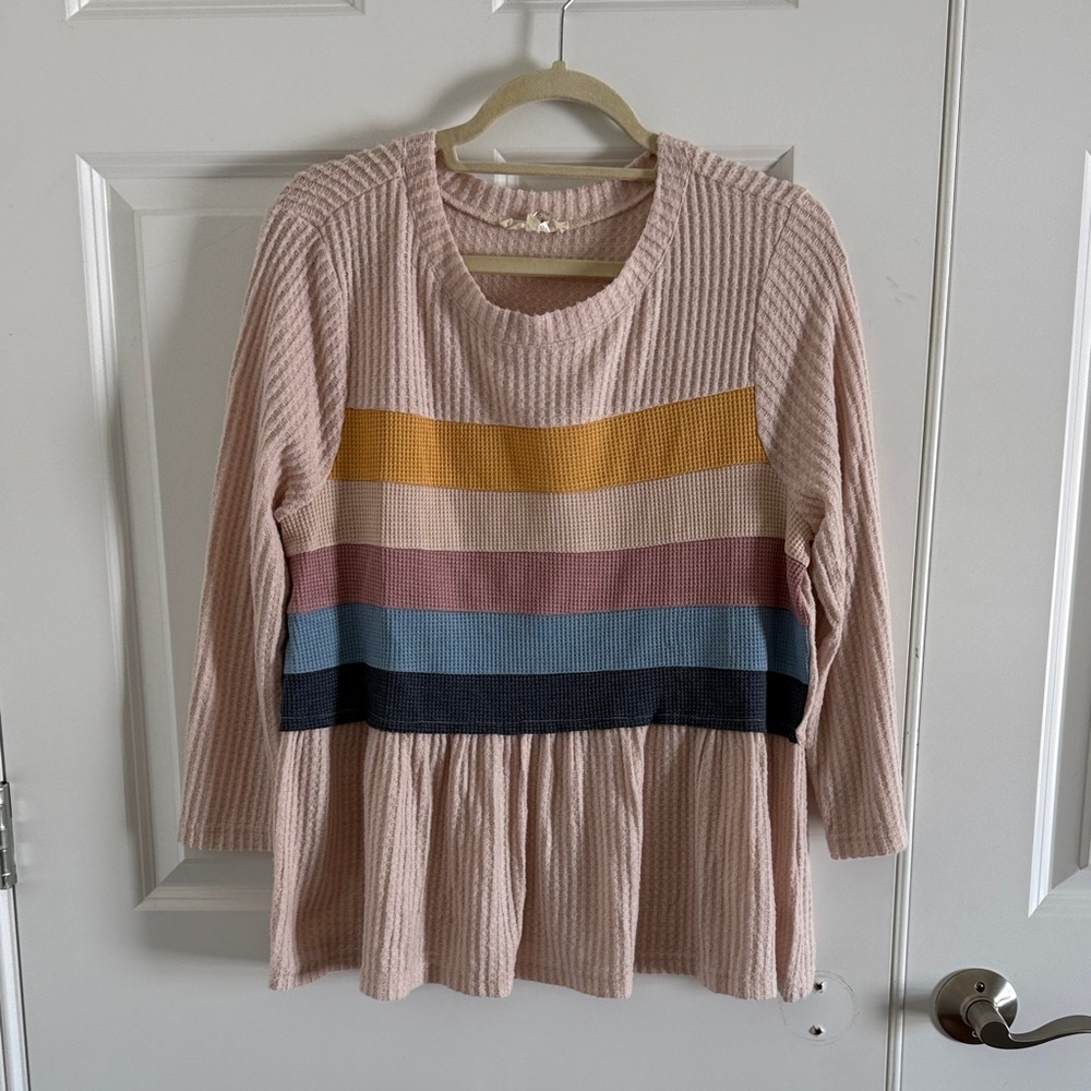 Entro Size Medium Boho Babydoll Top Rainbow Striped